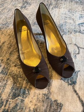 Stuart Weitzman Dark Brown Peep-Toe Heels with Black Jewel